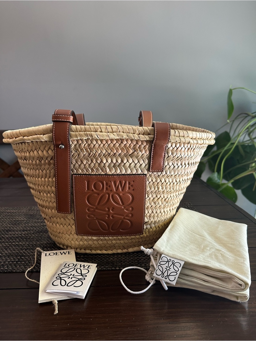 Loewe Medium Basket Bag in Palm Leaf and Calfskin